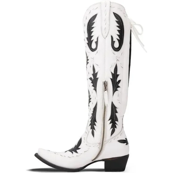Women's White Pointed Toe Zipper Cowgirl Boots Lace up Chunky Heel Western Boots - Picture 5 of 7